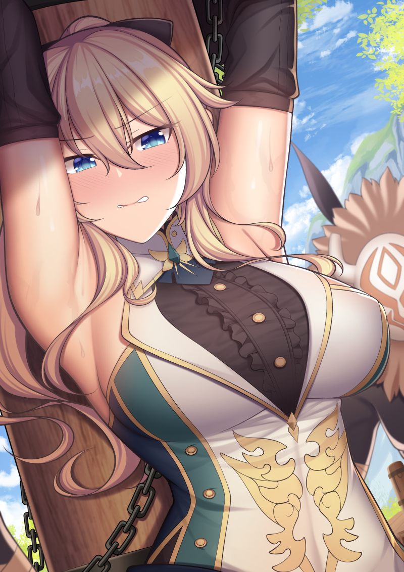 1girl armpits arms_up bdsm black_gloves black_shirt blonde_hair blue_eyes blue_sky blush bondage bound bound_arms breasts captured center_frills chain chained clenched_teeth day defeat detached_sleeves elbow_gloves eyebrows frills genshin_impact gloves guardian-panda hair_between_eyes high_ponytail hilichurl_(genshin_impact) jean_(genshin_impact) jean_(gunnhildr&#039;s_legacy)_(genshin_impact) large_breasts log long_hair looking_at_viewer official_alternate_costume outdoors parted_lips ponytail restrained shirt sidelocks sky sleeveless sleeveless_shirt stationary_restraints sweat teeth upper_body v-shaped_eyebrows vest white_vest