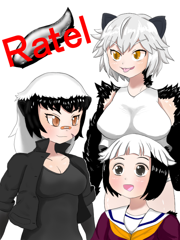 3girls anamitsu_teru badger_ears bandaid bandaid_on_face bandaid_on_nose black_hair black_jacket black_tank_top blush breasts brown_eyes cleavage crossover grey_eyes jacket kemono_friends killing_bites multicolored_hair multiple_girls murenase!_shiiton_gakuen nain_(91922589) open_mouth orange_eyes panties ratel_(kemono_friends) school_uniform shiiton_gakuen_school_uniform shirt smile tank_top tongue tongue_out trait_connection two-tone_hair underwear uzaki_hitomi white_background white_hair white_panties white_shirt