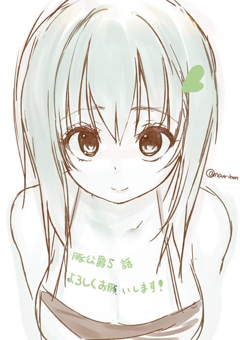1girl bare_arms bare_shoulders black_hair breasts buta_koushaku camisole cleavage closed_mouth collarbone from_above hair_between_eyes hair_ornament large_breasts nauribon short_hair simple_background smile solo tina(buta_koushaku) upper_body white_background