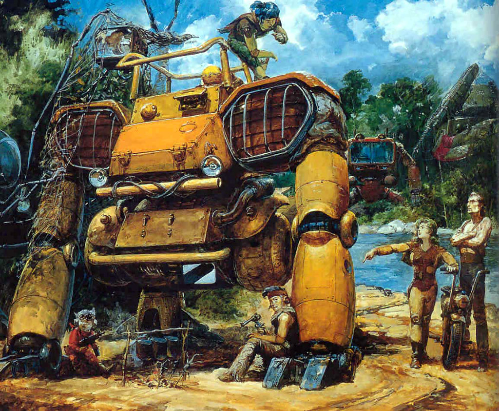 1980s_(style) 2boys 3girls armor bandana black_hair blue_hair boots burume character_request chill cloud cooking day elchi_cargo fatman_big forest goggles green_hair gun handgun headgear log long_hair looking_at_viewer mecha motor_vehicle motorcycle multiple_boys multiple_girls nature non-humanoid_robot official_art oldschool promotional_art rag_uralo realistic retro_artstyle revolver river robot scan science_fiction sentou_mecha_xabungle side_ponytail submachine_gun takani_yoshiyuki traditional_media uniform vehicle walker_(robot) weapon xabungle
