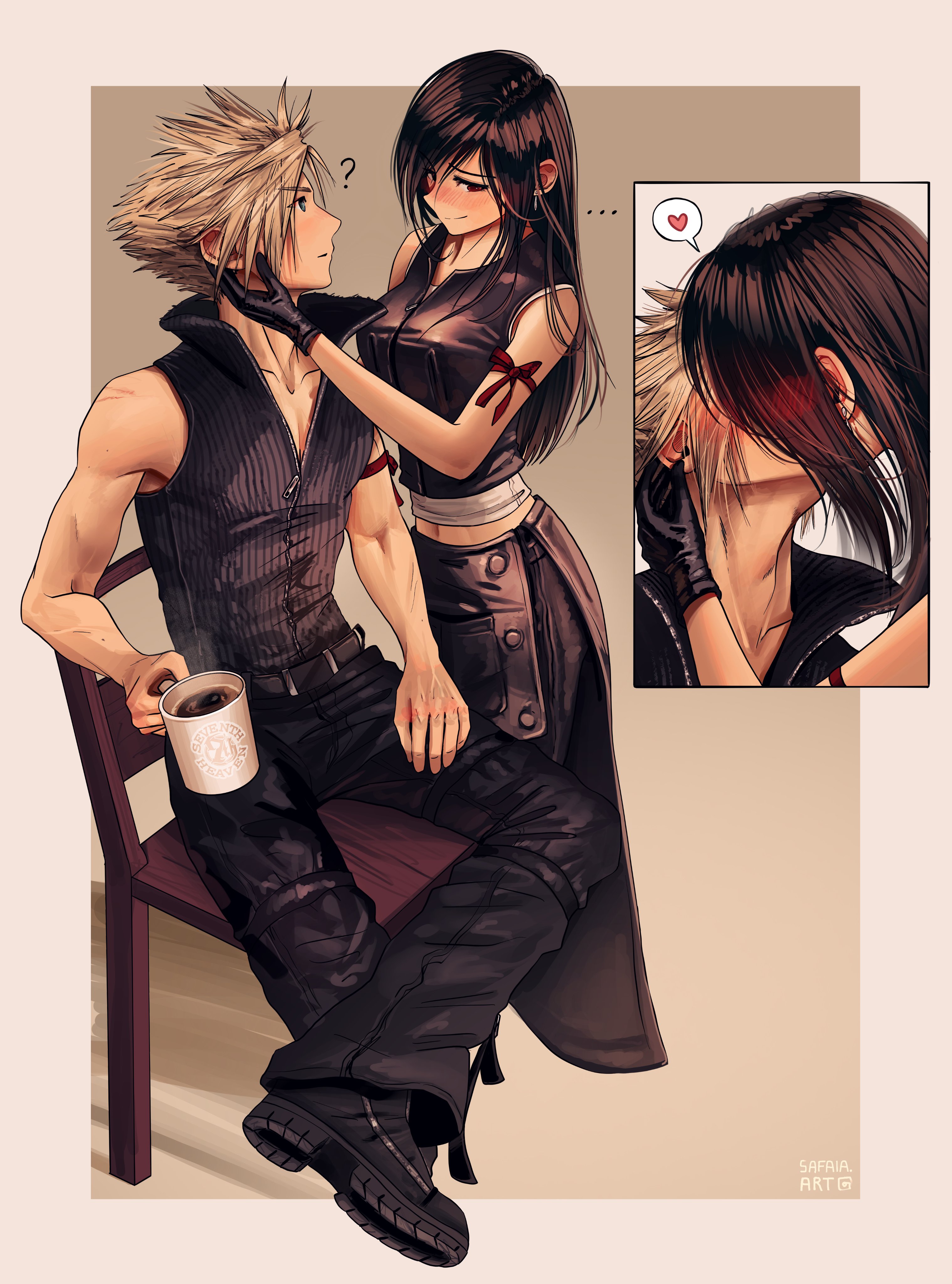 ... 1boy 1girl ? absurdres apron arm_ribbon artist_name averting_eyes baggy_pants bare_shoulders black_apron black_footwear black_gloves black_hair black_shorts black_vest blonde_hair blue_eyes blush breasts closed_mouth cloud_strife coffee_mug collarbone commentary couple crop_top cup earrings final_fantasy final_fantasy_vii final_fantasy_vii_advent_children full_body gloves hand_on_another's_head heart highres holding holding_cup jewelry kiss large_breasts long_hair looking_at_another midriff_peek mug multiple_views navel on_chair outside_border pants popped_collar red_eyes red_ribbon ribbed_shirt ribbon safaia shirt short_hair shorts sitting sleeveless sleeveless_shirt smile spiked_hair spoken_heart symbol-only_commentary tank_top teardrop_earrings tifa_lockhart upper_body vest waist_apron white_tank_top