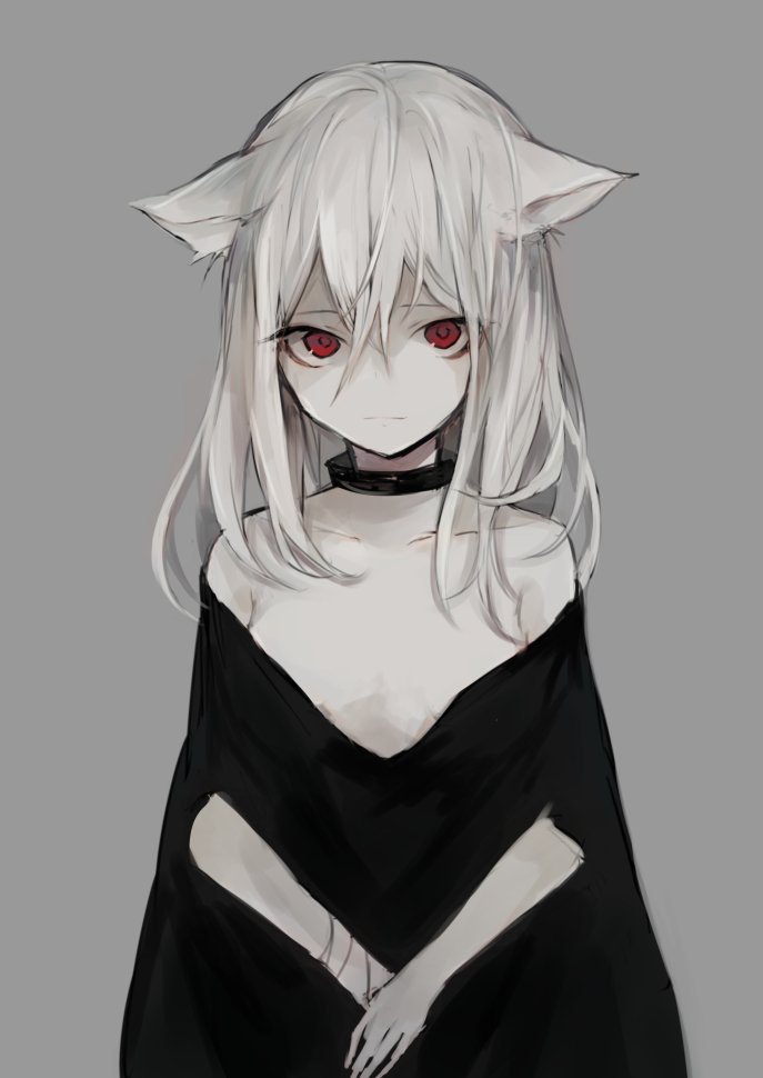 1girl animal_ears bags_under_eyes bare_shoulders black_dress breasts cat_ears closed_mouth collarbone detached_collar dress female_focus grey_background hasunokaeru long_hair looking_at_viewer off-shoulder_dress off_shoulder original own_hands_together pale_skin red_eyes simple_background small_breasts solo strapless strapless_dress white_hair