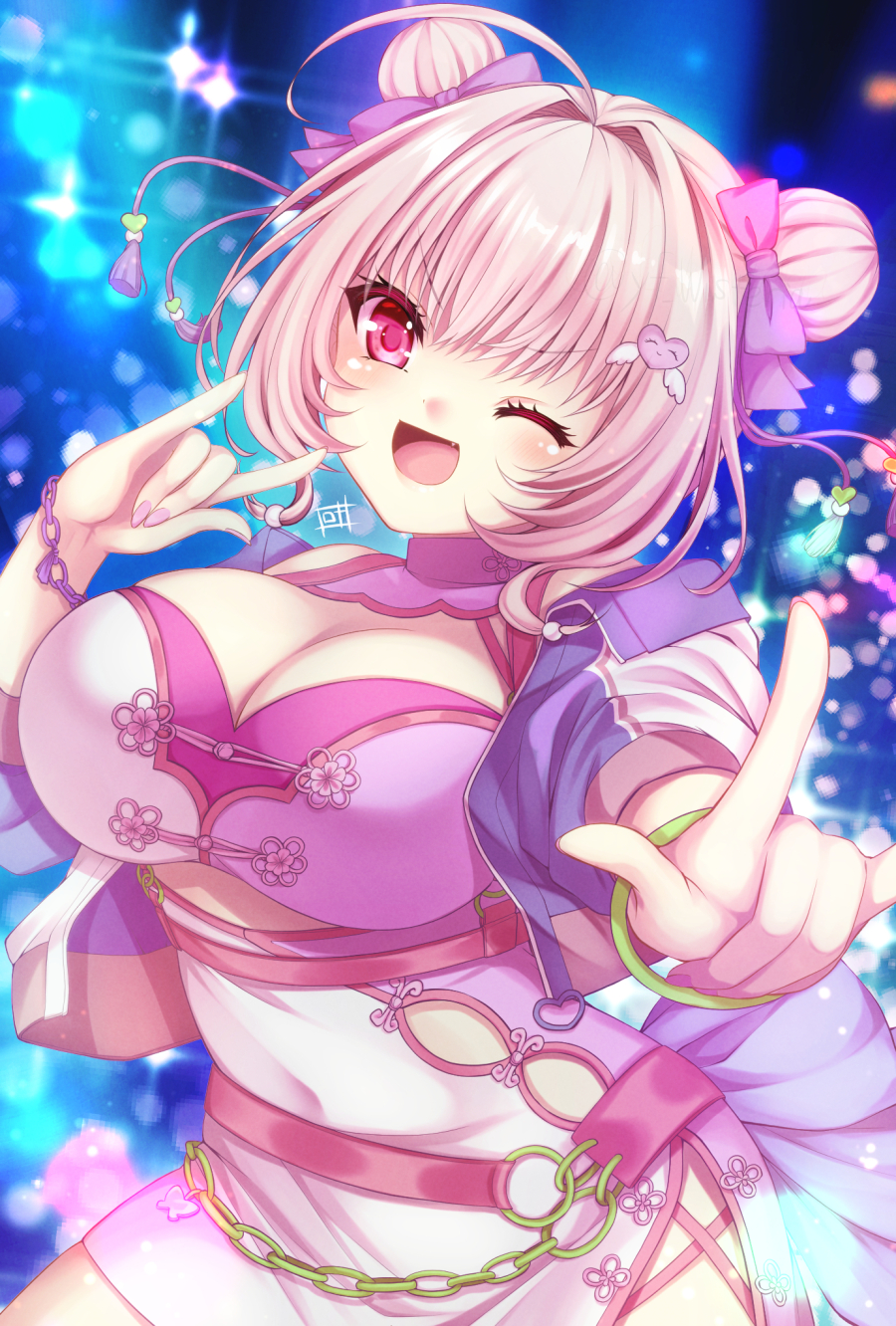 1girl ahoge alternate_hair_color alternate_hairstyle asazuki_kanai bare_shoulders blurry blurry_background bow breasts china_dress chinese_clothes cleavage covered_navel double_bun dress fang hair_bow hair_bun hair_intakes hair_ornament heart heart_hair_ornament highres idolmaster idolmaster_cinderella_girls idolmaster_cinderella_girls_starlight_stage jacket large_breasts looking_at_viewer m/ multicolored_jacket nail_polish night official_alternate_costume official_alternate_hairstyle one_eye_closed open_clothes open_jacket open_mouth pink_eyes pink_hair pink_jacket pink_nails purple_bow purple_jacket signature smile solo thighs tight_clothes tight_dress two-tone_jacket v-shaped_eyebrows wing_hair_ornament wrist_chain yumemi_riamu