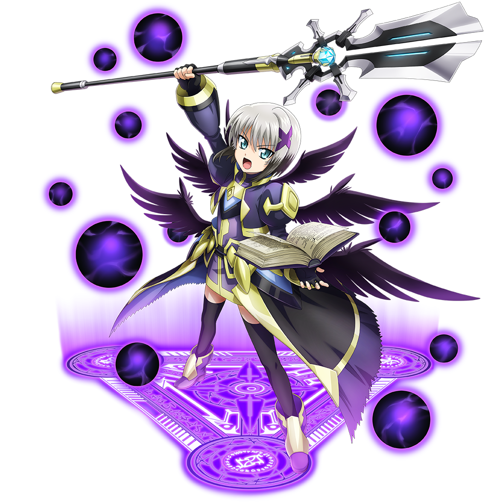 1girl arm_up black_wings book energy_ball full_body grey_hair grimoire_(nanoha) hair_ornament holding holding_staff lord_dearche lyrical_nanoha magic_circle magical_girl mahou_shoujo_lyrical_nanoha_detonation multicolored_hair multiple_wings object_floating_above_hand official_art open_mouth overlord_(maruyama) solo staff standing standing_on_magic_circle thighhighs transparent_background two-tone_hair waist_cape wings x_hair_ornament yersiniakreuz