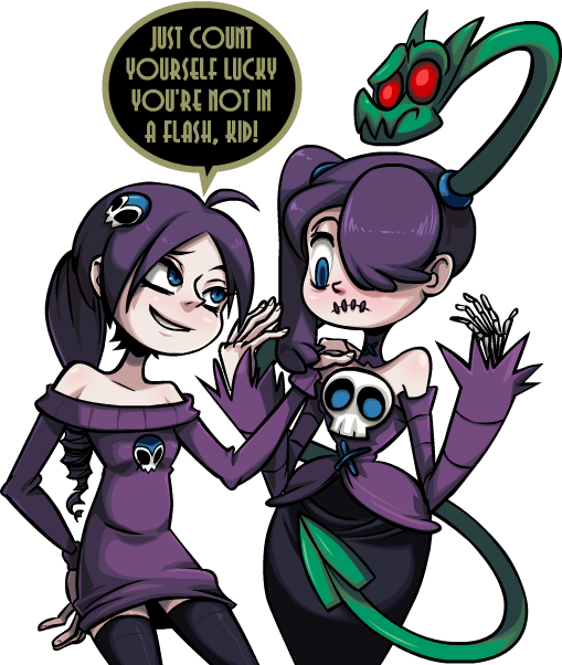 2girls ahoge alex_ahad_(style) alternate_color bare_shoulders black_legwear blue_eyes blue_hair blue_skin blush braid breasts colored_skin corset cosplay crossover detached_collar detached_sleeves dress drill_hair english_text frown hair_over_one_eye hip_focus leviathan_(skullgirls) logo long_hair long_skirt look-alike multiple_girls narrow_waist off-shoulder off-shoulder_sweater off_shoulder original pale_skin palette_swap parody ponytail purple_hair side_ponytail skirt skull skullgirls small_breasts smile speech_bubble squigly_(skullgirls) standing stitched_mouth stitches striped style_parody sweater sweater_dress thighhighs translated transparent transparent_background white_background wide_hips zombie zone-tan zone-tan_(cosplay) zone_(artist)