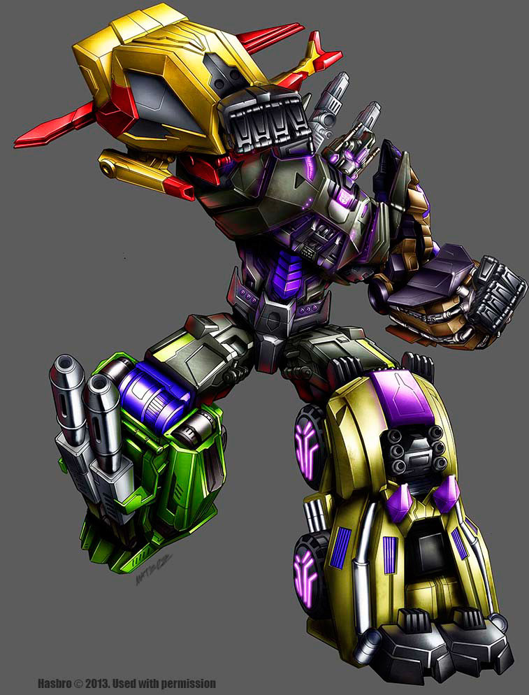 artistic_error bruticus clenched_hands copyright_notice decepticon english_text glowing glowing_eyes grey_background looking_down marcelo_matere mecha no_humans official_art purple_eyes robot science_fiction signature transformers transformers:_fall_of_cybertron
