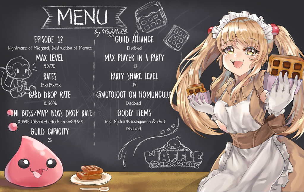 1girl :3 apron blonde_hair blush breasts brown_dress brown_sash chalkboard commentary cowboy_shot curly_sue dress english_commentary english_text food frilled_apron frills gloves hair_bobbles hair_ornament kafra_uniform long_hair looking_at_viewer maid maid_headdress medium_breasts meilindraws open_mouth plate poring puffy_short_sleeves puffy_sleeves ragnarok_online short_sleeves slime_(creature) smile solo spoon twintails waffle white_apron white_gloves yellow_eyes