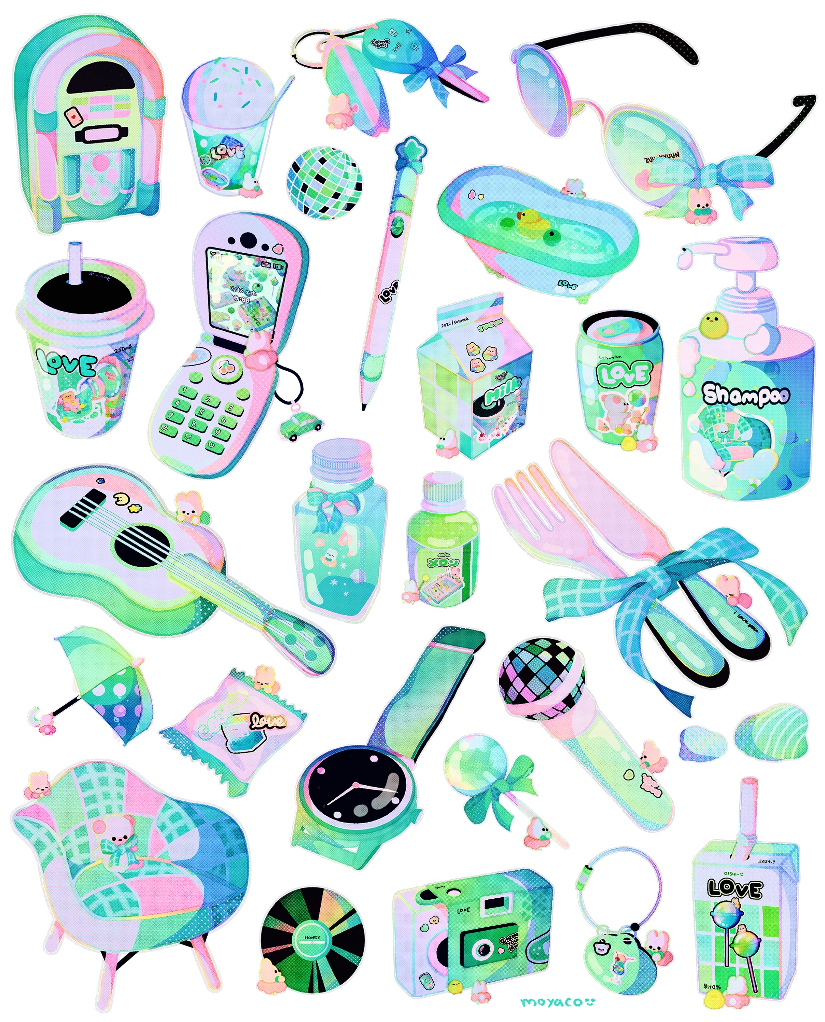 aqua_theme bathtub bottle camera can candy cellphone cellphone_charm chair charm_(object) claw_foot_bathtub container cutlery disco_ball drink drink_can english_text flip_phone food fork glasses guitar highres ice_cream instrument juice_box jukebox knife liquid lollipop microphone moyaco original pastel_colors phone rubber_duck shell soda_can solid_circle_eyes solid_eyes umbrella watch wristwatch