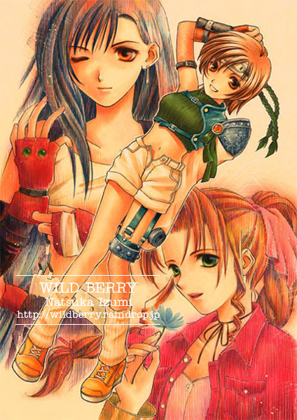 1990s_(style) 3girls adjusting_clothes adjusting_gloves aerith_gainsborough arm_behind_head arm_up armor artist_name asymmetrical_sleeves bad_id bandaged_hand bandages black_hair blue_flower bob_cut bracer brown_eyes brown_hair colored_pencil_(medium) commentary_request crop_top cropped_sweater curly_hair dated_commentary earrings final_fantasy final_fantasy_vii fingerless_gloves fishnet_armwear floating_earrings flower garter_straps gloves green_ribbon green_sweater grin hair_ribbon hand_up hands_up headband holding holding_flower izumi_natsuka jacket jewelry leg_warmers light_smile long_hair looking_at_viewer mixed_media multiple_girls one_eye_closed open_clothes open_fly open_jacket orange_gloves orange_shoes painting_(medium) parted_bangs parted_lips pauldrons pink_ribbon ponytail red_jacket retro_artstyle ribbon shirt shoes short_hair shorts shoulder_armor sidelocks single_fishnet_legwear single_pauldron sleeveless sleeveless_shirt sleeveless_sweater sleeveless_turtleneck smile standing sweater tifa_lockhart traditional_media turtleneck watercolor_(medium) white_shirt white_shorts yellow_background yuffie_kisaragi