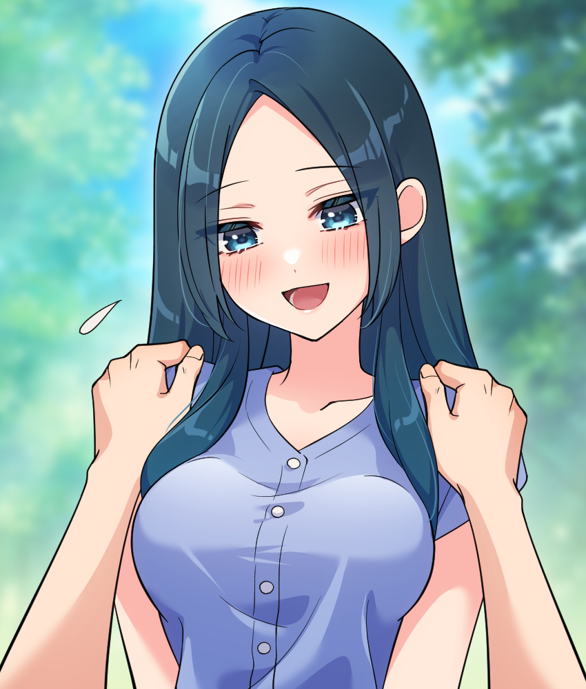 1girl :d black_hair blue_eyes blue_hair blue_shirt blurry blurry_background blush breasts day hand_up hetero junjonta long_hair looking_at_viewer medium_breasts open_mouth original outdoors shirt short_sleeves smile upper_body