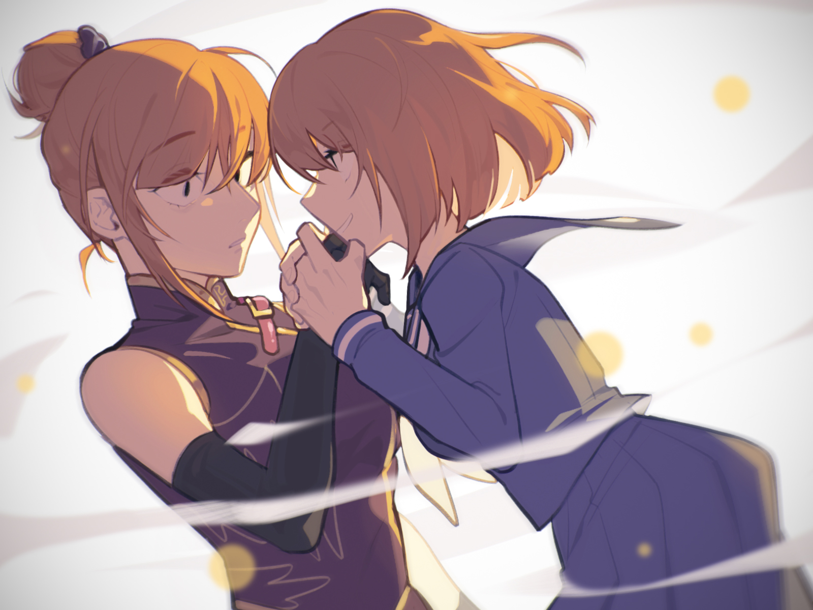 2girls aged_down bare_shoulders black_gloves blue_serafuku china_dress chinese_clothes dark_persona dress dual_persona elbow_gloves evil_smile eyebrows_hidden_by_hair from_side gloves hair_bun highres holding_hands horrified long_sleeves looking_at_another multiple_girls neckerchief orange_hair purple_dress scared school_uniform serafuku short_hair sidelocks single_hair_bun sleeveless smile teeth tian_niunai_hezi umineko_no_naku_koro_ni ushiromiya_eva white_background white_neckerchief