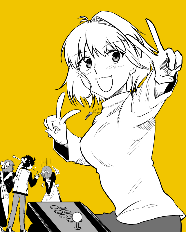 1boy 3girls :3 :d apologizing apron arcade_stick arcueid_brunestud blush bowing breasts controller double_v game_controller hisui_(tsukihime) jacket japanese_clothes jewelry joystick kimono kohaku_(tsukihime) large_breasts looking_at_viewer maid maid_apron maid_headdress melty_blood melty_blood:_type_lumina metarogu monochrome multiple_girls necklace open_mouth short_hair siblings sisters skirt smile sweater tohno_shiki tsukihime tsukihime_(remake) turtleneck turtleneck_sweater twins v