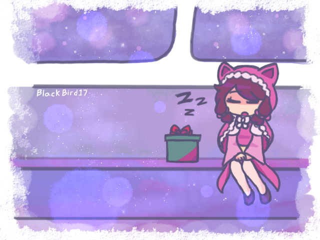 1girl arch_bishop_(ragnarok_online) black_shoes blckbrd17 box closed_eyes commentary dress english_commentary full_body fur-trimmed_hood fur_trim gift gift_box hood hood_up open_mouth pink_dress pink_hood ragnarok_online shoes short_hair sleeping sleeping_upright solo thighhighs white_thighhighs zzz