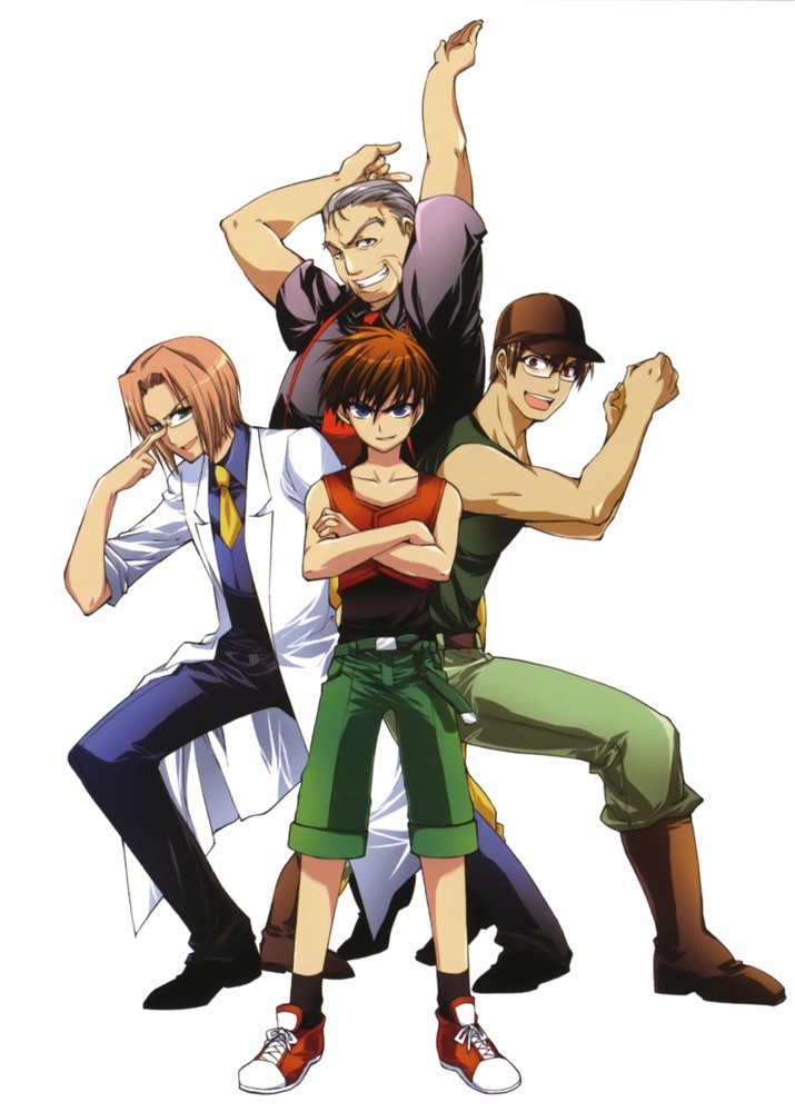 4boys baseball_cap belt black_shirt blouse blue_shirt boots brown_hair collared_shirt full_body glasses grin hat higurashi_no_naku_koro_ni irie_kyousuke kyousuke_irie lab_coat maebara_keiichi male_focus multiple_boys necktie ooishi_kuraudo purple_eyes shirt short_hair silver_hair simple_background smile socks suspenders suzuragi_karin tomitake_jirou vest white_background