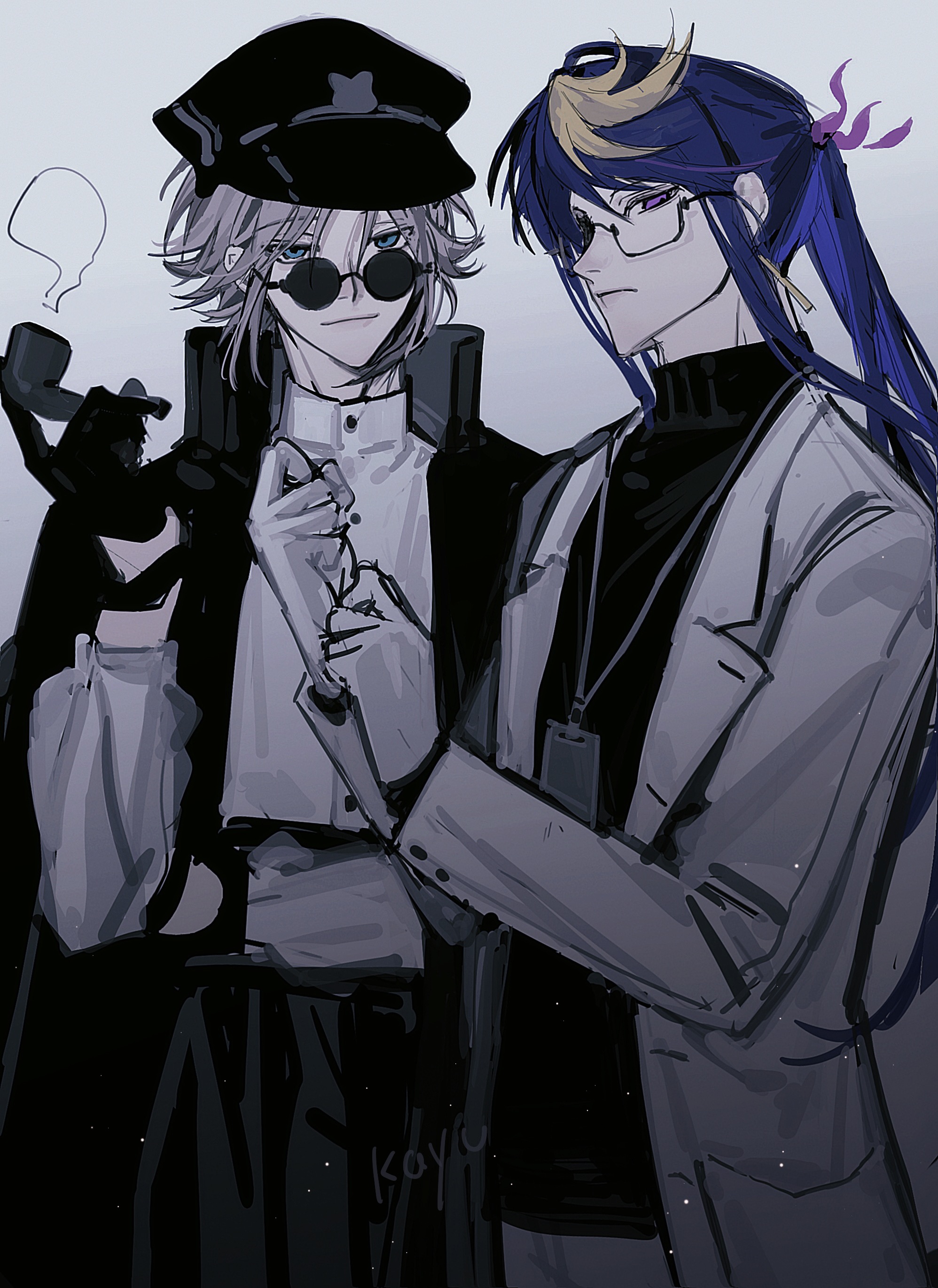 2boys absurdres adjusting_clothes adjusting_gloves bespectacled black_coat black_gloves black_hat black_sweater blonde_hair blue_eyes chinese_commentary closed_mouth coat cowboy_shot cuff_links dress_shirt earrings expressionless glasses gloves gradient_background grey_hair grey_hakama hakama hand_on_own_arm hat highres holding holding_smoking_pipe id_card japanese_clothes jewelry kayu_(yukagoin) lab_coat lanyard lapels light_particles light_smile long_hair long_sleeves looking_at_viewer male_focus multicolored_hair multiple_boys mysta_rias nijisanji notched_lapels open_clothes open_coat parted_bangs peaked_cap ponytail purple_eyes purple_hair shirt short_hair shu_yamino sidelocks sleeveless sleeveless_coat smile smoking_pipe streaked_hair sunglasses sweater swept_bangs turtleneck turtleneck_sweater virtual_youtuber white_background white_coat white_gloves white_shirt