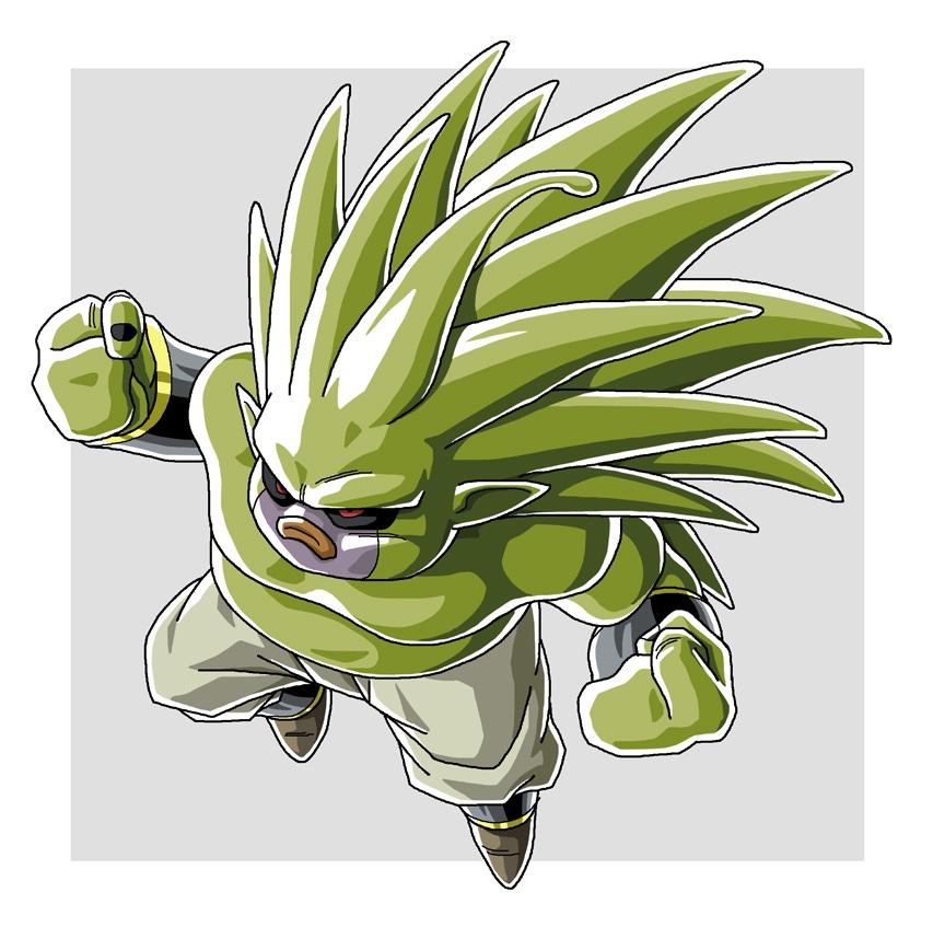 1boy black_sclera border clenched_hands colored_sclera colored_skin dragon_ball dragon_ball_daima full_body green_skin grey_background majin_duu n_(n14542698) pants pointy_ears red_eyes simple_background solo white_border white_pants