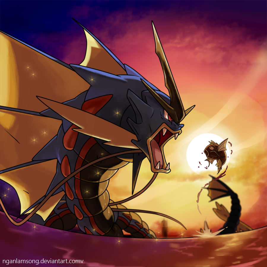 animal_focus commentary deviantart_username english_commentary evolutionary_line fangs fish gen_1_pokemon gyarados magikarp mega_gyarados mega_pokemon nganlamsong nintendo no_humans nostrils open_mouth pokemon pokemon_(creature) pokemon_focus red_eyes sky sparkle splashing sun water watermark web_address