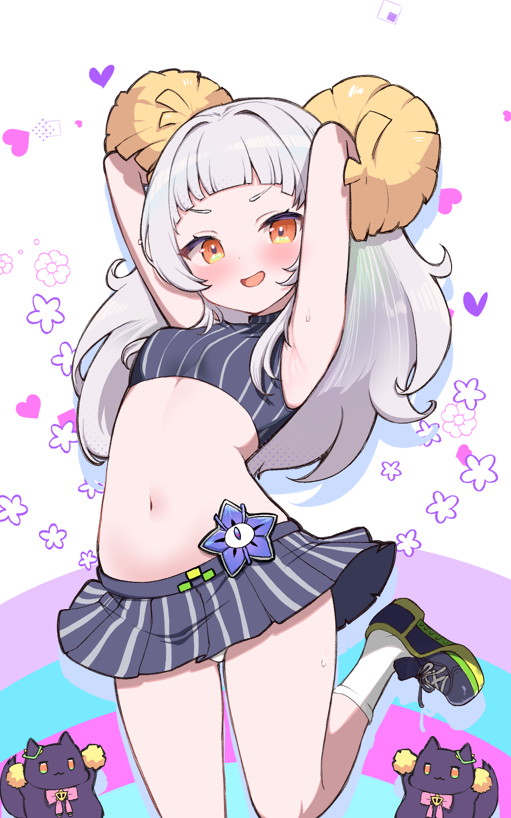 1girl :d alternate_costume armpits arms_up blunt_bangs blush breasts cheerleader commentary_request floral_background grey_hair heart heart_background highres hololive kani_bonara long_hair looking_at_viewer microskirt murasaki_shion navel open_mouth orange_eyes panties pantyshot pleated_skirt pom_pom_(cheerleading) shiokko_(murasaki_shion) skirt small_breasts smile solo standing standing_on_one_leg stomach underwear virtual_youtuber white_panties