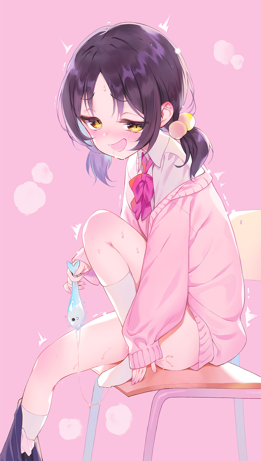 1girl after_vaginal aftersex ass black_hair chair clothes_pull condom cum drooling highres kaai_yuki open_mouth school_chair shirt sitting skirt skirt_pull solo thighs used_condom vocaloid white_shirt youta zako_(phrase) zako_(vocaloid)