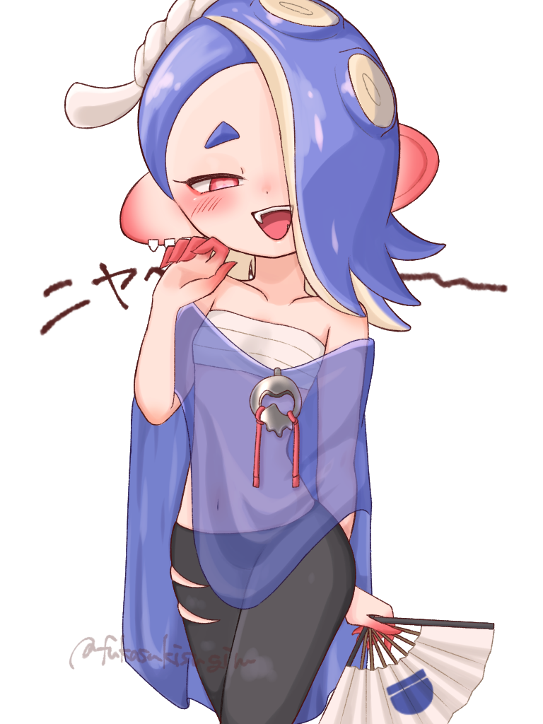 1girl :d black_pants blue_hair blue_shawl chest_sarashi collarbone commentary_request dot_nose earrings folding_fan fukasukisugiru hair_over_one_eye hairband hand_fan holding holding_fan jewelry medium_hair multiple_earrings navel nintendo octoling open_mouth pants print_folding_fan red_eyes sarashi shawl shiver_(deep_cut_outfit)_(splatoon) shiver_(splatoon) short_eyebrows smile solo splatoon_(series) splatoon_3 standing teeth tentacle_hair thick_eyebrows tooth_earrings upper_teeth_only white_hairband