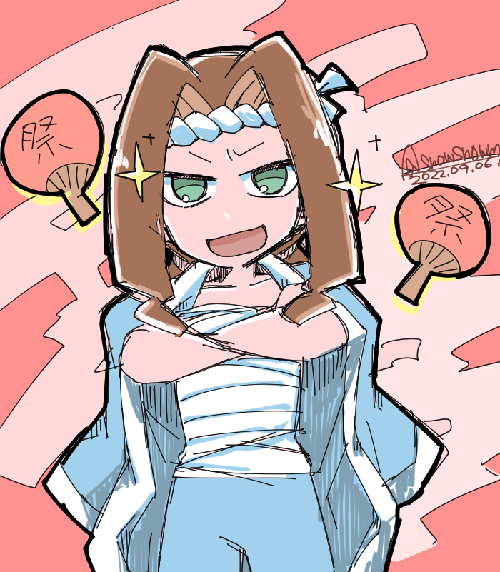 brown_hair green_eyes hand_fan japanese_clothes kikuhime kimono medarot sarashi snowsnowm yukata