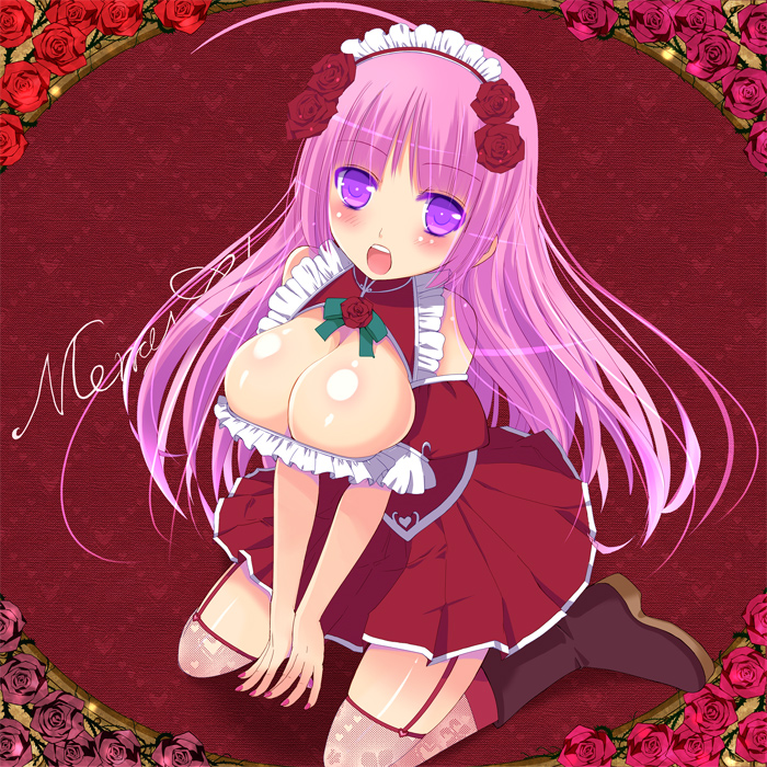 1girl bare_shoulders blush boots breasts cleavage female_focus flower hair_ornament kay kay_(utd) large_breasts long_hair open_mouth original pink_hair purple_eyes rose sitting solo thighhighs