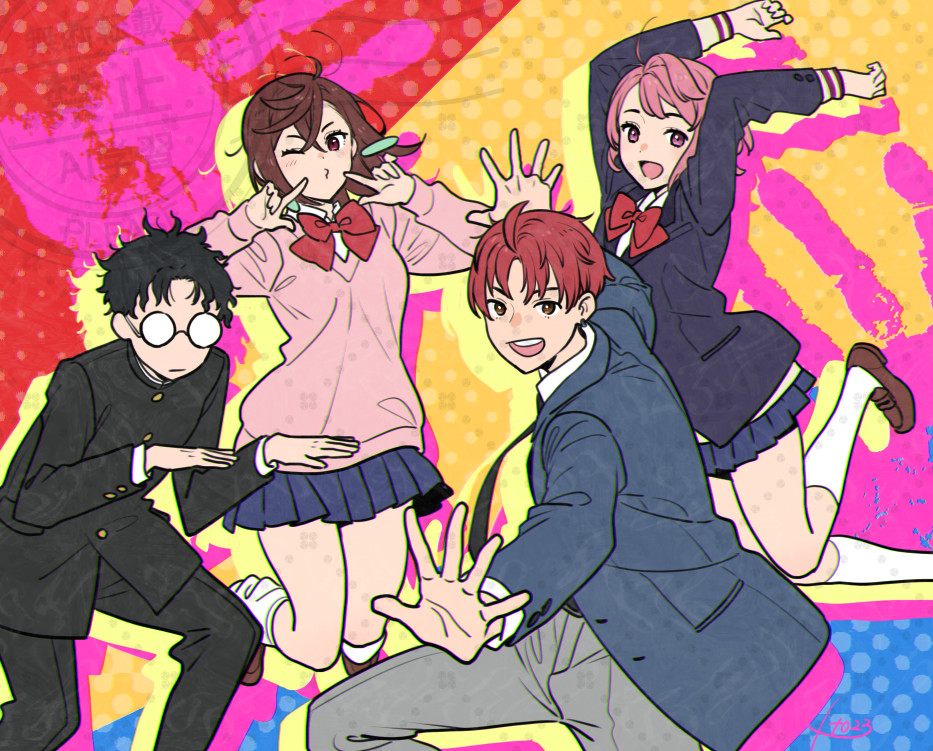 2boys 2girls arms_up ayase_momo black_hair black_jacket black_necktie black_pants blue_jacket blue_skirt bow bowtie brown_eyes brown_footwear brown_hair closed_mouth collared_shirt commentary_request dandadan earrings enjoji_jin feet_out_of_frame fingers_to_cheeks gakuran glasses grey_pants hair_between_eyes ito_fumi jacket jewelry jumping kneehighs light_blush long_sleeves looking_at_viewer loose_socks medium_hair miniskirt multiple_boys multiple_girls necktie one_eye_closed open_clothes open_hands open_jacket open_mouth pants pink_hair pink_sweater pleated_skirt puckered_lips red_bow red_bowtie red_hair round_eyewear school_uniform shiratori_aira_(dandadan) shirt short_hair skirt socks sweater takakura_ken_(dandadan) watermark white_shirt white_socks
