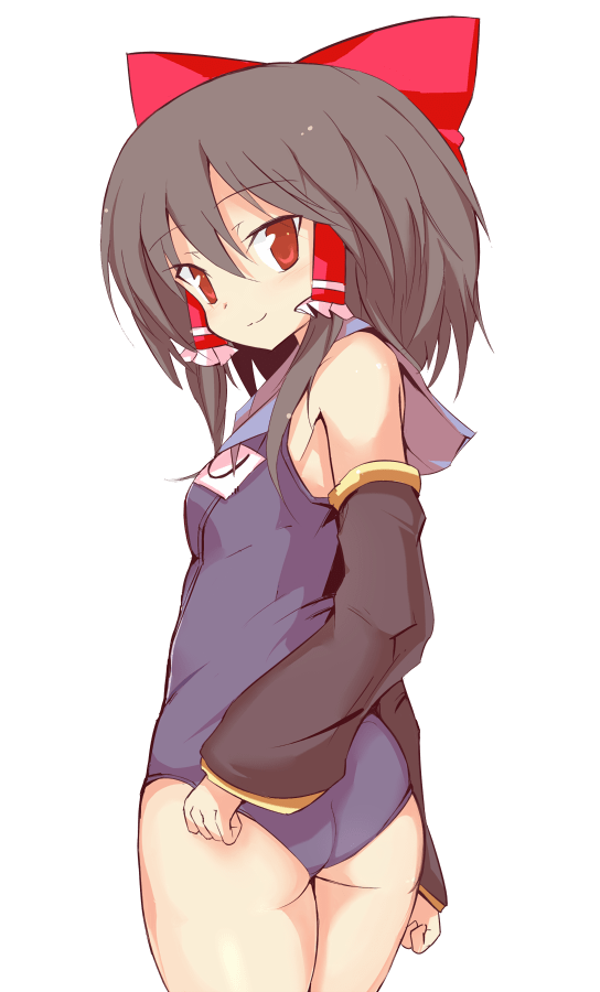 1girl ass ayuki_(47881314) black_sleeves bow breasts brown_hair closed_mouth commentary_request cookie_(touhou) cowboy_shot detached_sleeves frilled_hair_tubes frills from_behind grey_one-piece_swimsuit hair_bow hair_tubes hakurei_reimu huei_nazuki_(style) kagamine_len_no_bousou_(vocaloid) looking_at_viewer looking_back medium_breasts medium_hair one-piece_swimsuit parody red_bow red_eyes reu_(cookie) simple_background smile solo style_parody swimsuit touhou transparent_background