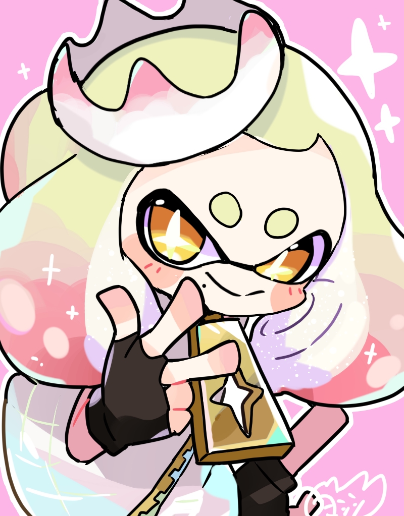 1girl black_gloves blonde_hair bright_pupils closed_mouth commentary_request crown fingerless_gloves gloves gradient_hair hand_on_own_hip inkling jacket looking_at_viewer medium_hair multicolored_hair nintendo pearl_(off_the_hook_outfit)_(splatoon) pearl_(splatoon) pink_background pink_hair short_eyebrows smile solo sparkle splatoon_(series) splatoon_3 star-shaped_pupils star_(symbol) symbol-shaped_pupils tentacle_hair thick_eyebrows two-tone_hair w white_jacket white_pupils yellow_eyes yoshishi_(yosisitoho)