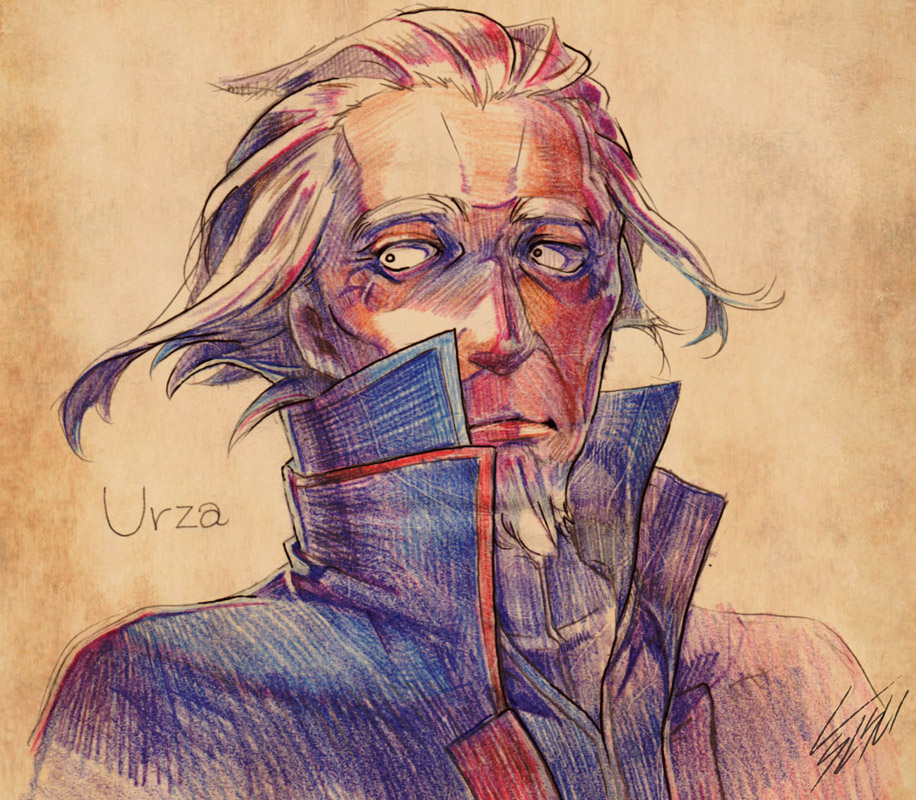 1boy artist_name bangs_pinned_back beard black_eyes blue_jacket brown_background character_name closed_mouth english_text facial_hair forehead high_collar jacket looking_to_the_side magic:_the_gathering male_focus old old_man portrait short_hair signature simple_background sketch solo tsunetaka_rakurai urza_(mtg) white_hair