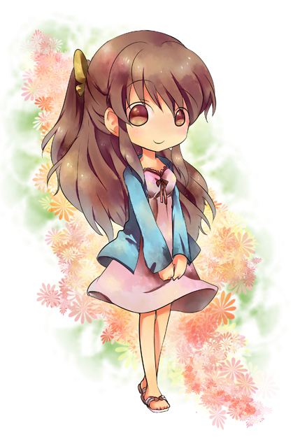 1girl asahina_mikuru blazer blouse brown_eyes brown_hair chibi dress female_focus full_body jacket long_hair looking_at_viewer open-toe_shoes shirt shoes solo standing suzumiya_haruhi_no_yuuutsu tachiuo_(arines)