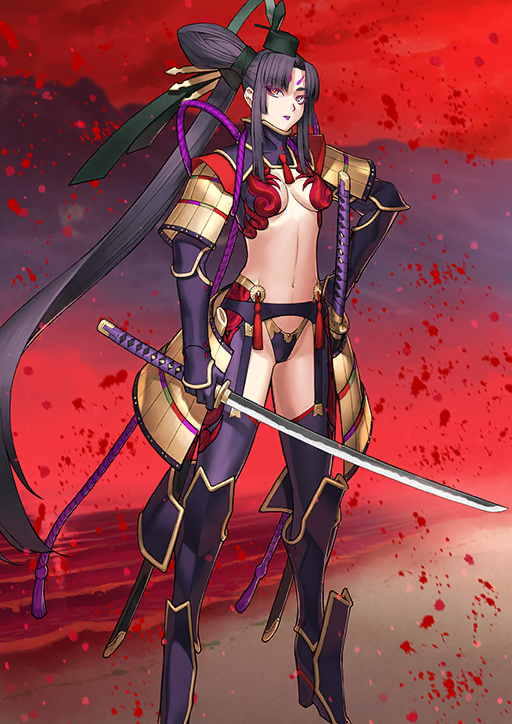 1girl arm_at_side armor armored_boots azamaru_(fate) beach black_hat black_ribbon boots breasts breasts_apart bright_pupils colored_eyelashes curtained_hair expressionless facial_mark fate/grand_order fate_(series) forehead_mark full_body game_cg garter_belt gloves hair_bun hair_ribbon hand_on_own_hip hat high_collar high_side_ponytail highleg highleg_panties holding holding_sword holding_weapon japanese_armor katana kote kusazuri linea_alba long_hair looking_to_the_side looking_up medium_breasts multicolored_eyes navel neck_armor official_art panties platform_boots purple_armor purple_boots purple_eyes purple_gloves purple_hair purple_lips purple_panties purple_thighhighs red_background red_eyes ribbon ringed_eyes rope sakamoto_mineji sheath sheathed shoulder_armor sidelocks single_side_bun sode solo standing stomach suneate sword taira_no_kagekiyo_(fate) taira_no_kagekiyo_(third_ascension)_(fate) tassel tate_eboshi thighhighs third-party_source underboob underwear unsheathed ushiwakamaru_(fate) variant_set very_long_hair weapon
