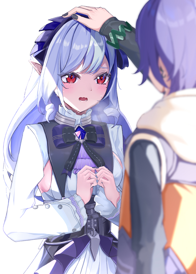 2girls 310setsu ascot belle_(zenless_zone_zero) black_bow black_bowtie black_jacket black_nails black_shirt blue_hair bow bowtie breast_curtains breasts center_frills commentary_request dress frills hair_bow headpat jacket long_hair long_sleeves looking_at_another lower_teeth_only medium_breasts mole mole_under_eye multiple_girls open_mouth orange_jacket pleated_dress pointy_ears purple_ascot purple_bow purple_bowtie purple_hair red_eyes shirt short_hair shrug_(clothing) sideboob sideboob_cutout simple_background skirt steam_from_mouth sweat teeth very_long_hair vivian_banshee white_background white_dress white_shrug zenless_zone_zero