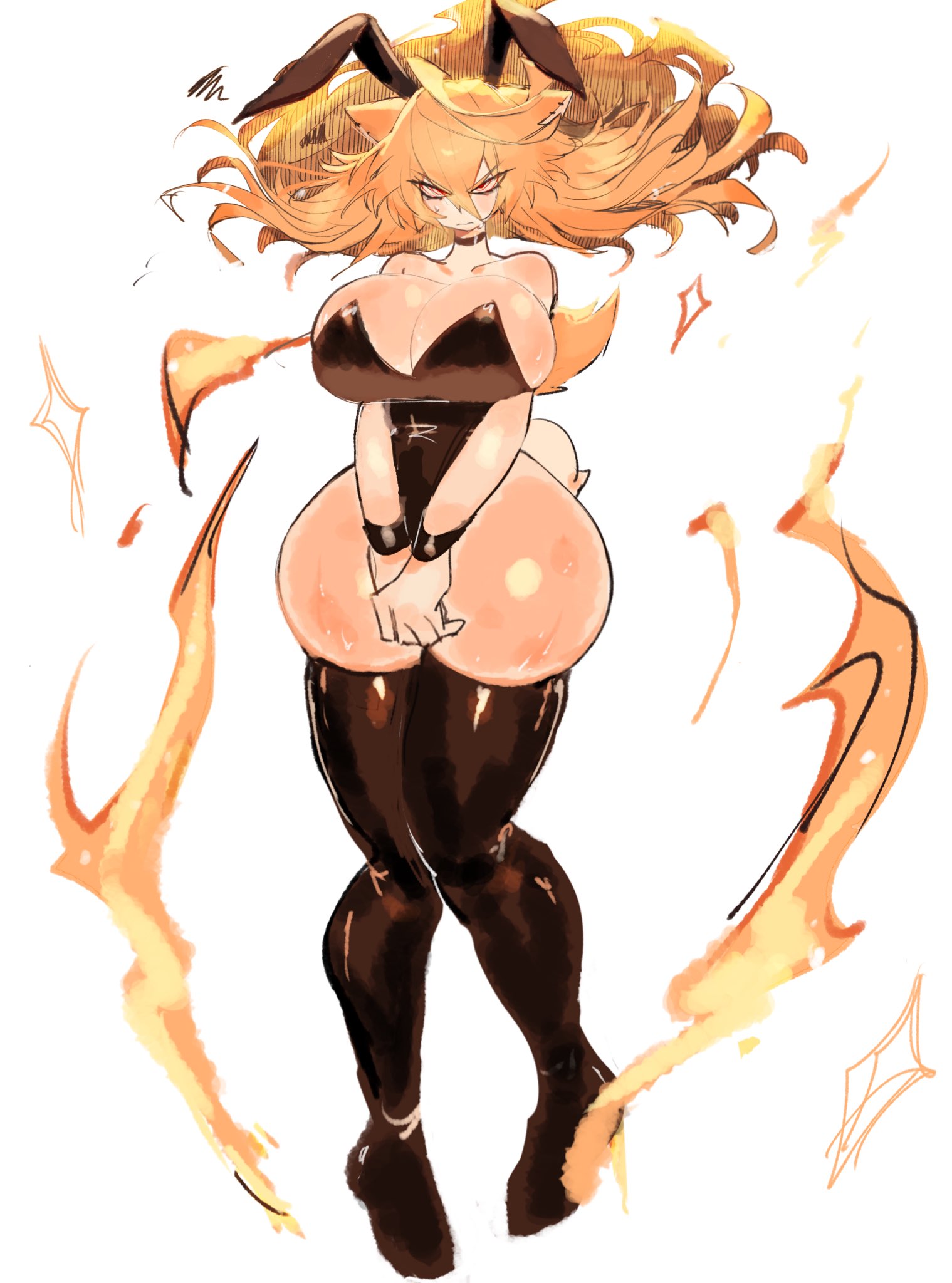 1girl @_@ angry animal_ears aura bad_id bad_twitter_id black_choker black_leotard black_thighhighs blonde_hair blush bracelet breasts choker curvy female_focus fleetway_super_sonic floating_hair hedgehog_girl highres huge_breasts humanization jewelry leotard long_hair looking_at_viewer messy_hair playboy_bunny rabbit_ears rabbit_tail red_eyes simple_background skin_tight solo sonic_(series) sonic_the_comic sonic_the_hedgehog super_sonic tail thick_thighs thighhighs thighs usa37107692 very_long_hair white_background wide_hips