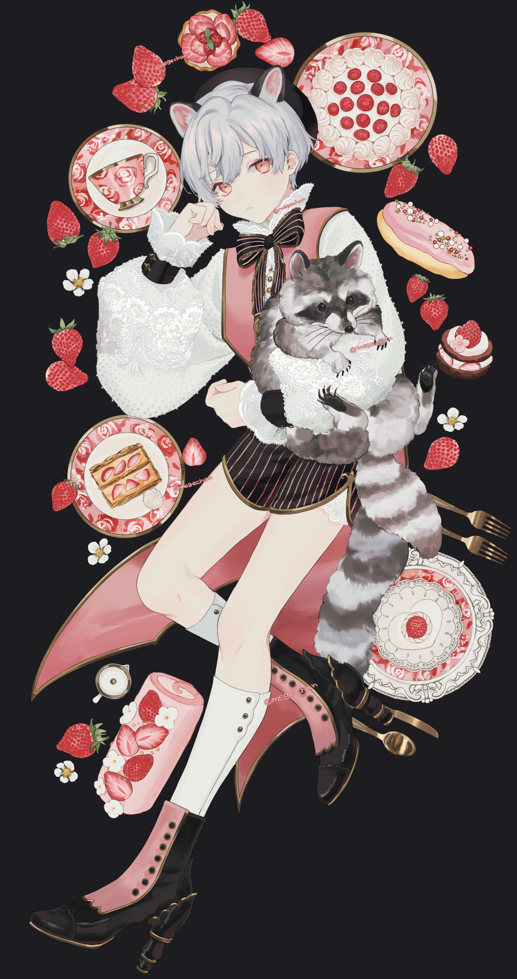1boy animal animal_ears beret black_boots black_bow black_bowtie black_hat black_shorts boots bow bowtie cake chocolate commentary cup eclair_(food) flower food fork fruit full_body grey_hair happy_valentine hat high_heel_boots high_heels highres holding holding_animal kneehighs lace long_sleeves looking_at_viewer male_focus mege_(megechan) original parted_lips pastry pink_theme pink_vest pinstripe_pattern plate puffy_long_sleeves puffy_sleeves raccoon_boy raccoon_ears raccoon_tail red_eyes short_hair short_shorts shorts simple_background socks solo strawberry strawberry_blossoms stuffed_toy sweets tail tart_(food) teacup valentine vest