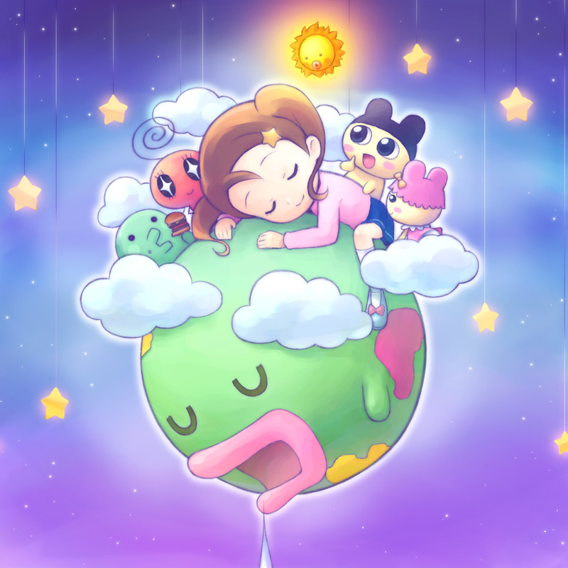 2boys 3girls brown_hair chamametchi chibi child closed_eyes cloud commentary_request drooling hug junichi-kun kuchipatchi mametchi memetchi multiple_boys multiple_girls planet sky sleeping star_(sky) star_(symbol) sun taiyoutchi tamagotchi tamagotchi:_the_movie tamagotchi_(creature) tamagotchi_sei tanpopo_(tamagotchi) twintails