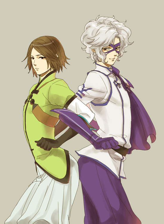 2boys ass-to-ass back-to-back black_gloves brown_eyes brown_hair cape cowboy_shot elbow_gloves eye_mask frown gloves green_shirt grey_background grey_hair locked_arms looking_at_viewer male_focus mouri_motonari_(sengoku_basara) multiple_boys no_headwear pants purple_cape purple_eyes purple_gloves purple_mask purple_pants sengoku_basara shirt short_hair side_cape simple_background smirk takenaka_hanbee_(sengoku_basara) white_pants white_shirt yona_(waiko)