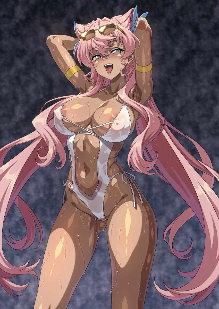 1girl areola_slip armband armpits arms_up blue_eyes blush breasts butterfly_hair_ornament cameltoe cleavage commentary_request covered_erect_nipples eyewear_on_head gluteal_fold hair_ears hair_ornament highres large_breasts long_hair looking_at_viewer maria_cadenzavna_eve navel one-piece_swimsuit pink_hair senki_zesshou_symphogear shiny_skin skindentation solo standing swimsuit syunzou tan tongue tongue_out very_long_hair wet white_one-piece_swimsuit
