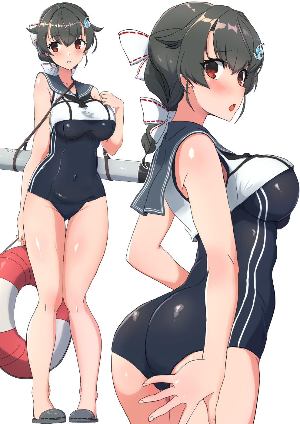 1girl ass black_hair black_neckwear black_one-piece_swimsuit blue_sailor_collar blush breasts comala_(komma_la) cosplay hair_flaps hair_ornament hair_ribbon highres holding innertube jingei_(kancolle) kantai_collection large_breasts multiple_views one-piece_swimsuit open_mouth red_eyes ribbon ro-500_(kancolle) ro-500_(kancolle)_(cosplay) sailor_collar simple_background sleeveless standing swim_ring swimsuit swimsuit_under_clothes torpedo white_background