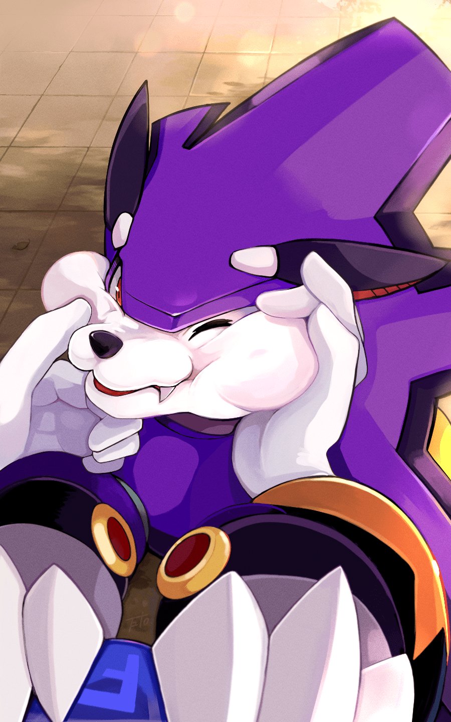 1boy bass_(mega_man) chest_jewel dog fang from_above highres looking_up mega_man_(classic) mega_man_(series) non-humanoid_robot one_eye_closed petting pov pov_hands puffy_cheeks red_eyes robot robot_animal robot_dog teto_(y3832) tile_floor tiles treble_(mega_man)