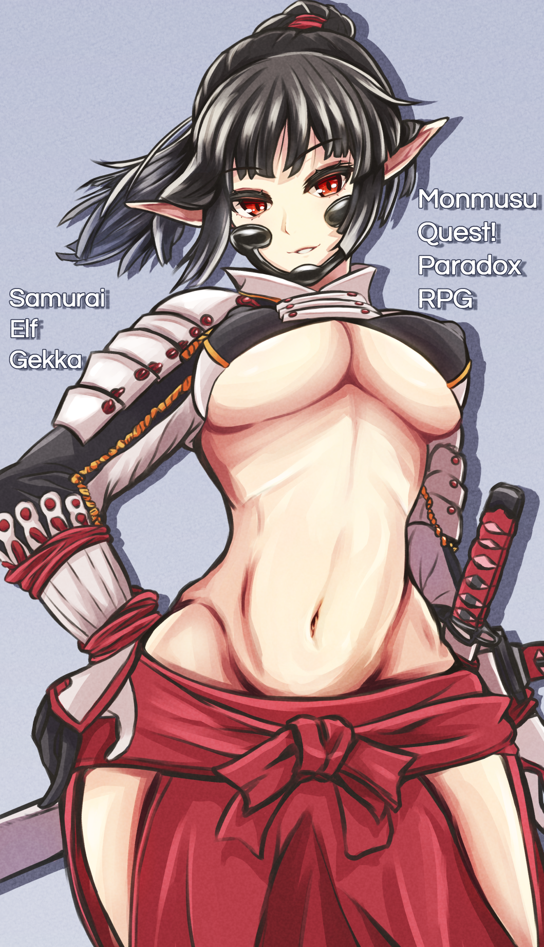 arm_armor armor black_gloves black_hair breasts commentary_request elf gekka_(mon-musu_quest!) gloves grey_background hand_on_own_hip highres japanese_armor katana large_breasts looking_at_viewer mon-musu_quest! mon-musu_quest:_paradox mutsumi_tmn navel pointy_ears ponytail red_eyes sheath sheathed shoulder_armor smile stomach sword weapon