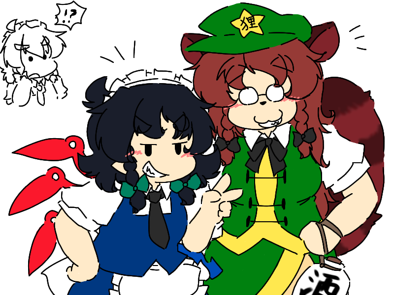 !? 3girls :3 alternate_costume animal_ears apron asymmetrical_wings black_hair blush bow bowtie braid chibi cosplay enmaided futatsuiwa_mamizou glasses grin hong_meiling hong_meiling_(cosplay) houjuu_nue izayoi_sakuya izayoi_sakuya_(cosplay) maid maid_apron maid_headdress messy_hair multiple_girls necktie plump raccoon_ears raccoon_tail smile smug tail thick_eyebrows touhou twin_braids v wings yanagita_(daitai_2_ton) yanagitaaaan