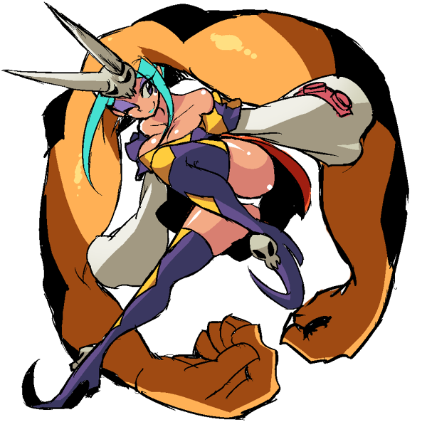 1girl blue_hair boots breasts cerebella_(skullgirls) cleavage dark-skinned_female dark_skin eyeshadow hat large_breasts long_sleeves makeup one_eye_closed panties sidelocks skirt skullgirls smile solo tanpopo_hayabusa-maru thigh_boots underwear upskirt vice-versa_(skullgirls) wide_sleeves
