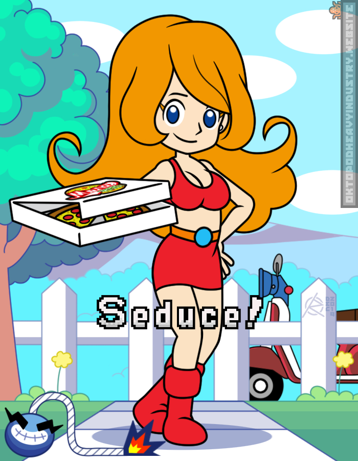1girl artist_name blue_sky cloud crop_top english_text food gameplay_mechanics hand_on_own_hip holding holding_food holding_pizza long_hair looking_at_viewer midriff miniskirt mona_(warioware) motor_vehicle nintendo orange_hair pizza pizza_box ragnaroktopod red_footwear red_skirt scooter signature skirt sky smile tree warioware