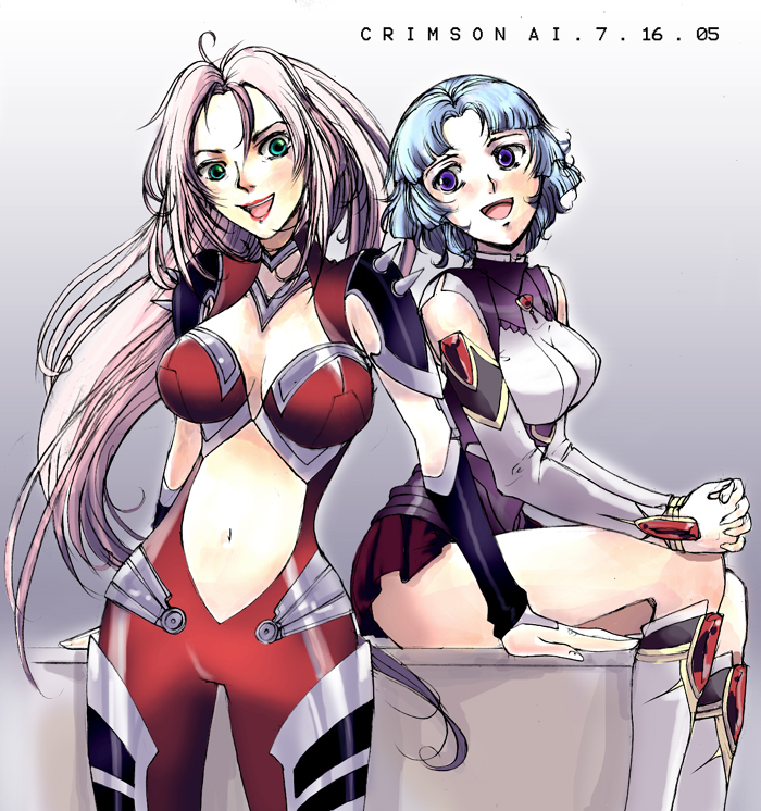 2girls banpresto blue_eyes blue_hair bodysuit breasts cleavage green_eyes kusuha_mizuha large_breasts long_hair midriff multiple_girls pink_hair selena_recital short_hair skirt smile super_robot_wars super_robot_wars_alpha the_3rd_super_robot_wars_alpha thighs