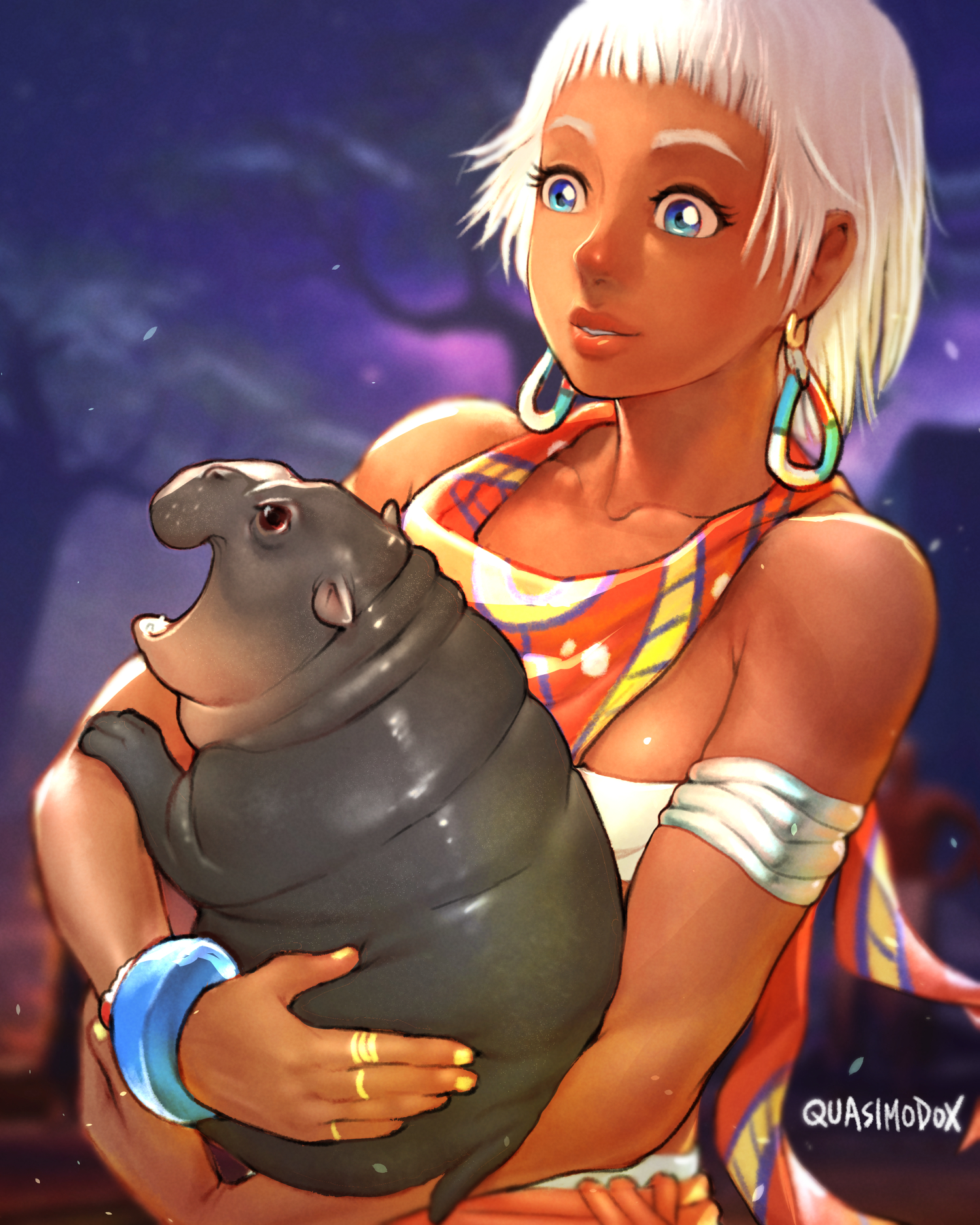 1girl animal artist_name bare_shoulders blue_eyes bracelet commentary dark-skinned_female dark_skin earrings elena_(street_fighter) english_commentary grin highres hippopotamus holding holding_animal jewelry looking_at_animal moo_deng quasimodox real_life short_bangs short_hair smile solo street_fighter street_fighter_6 white_hair yellow_nails