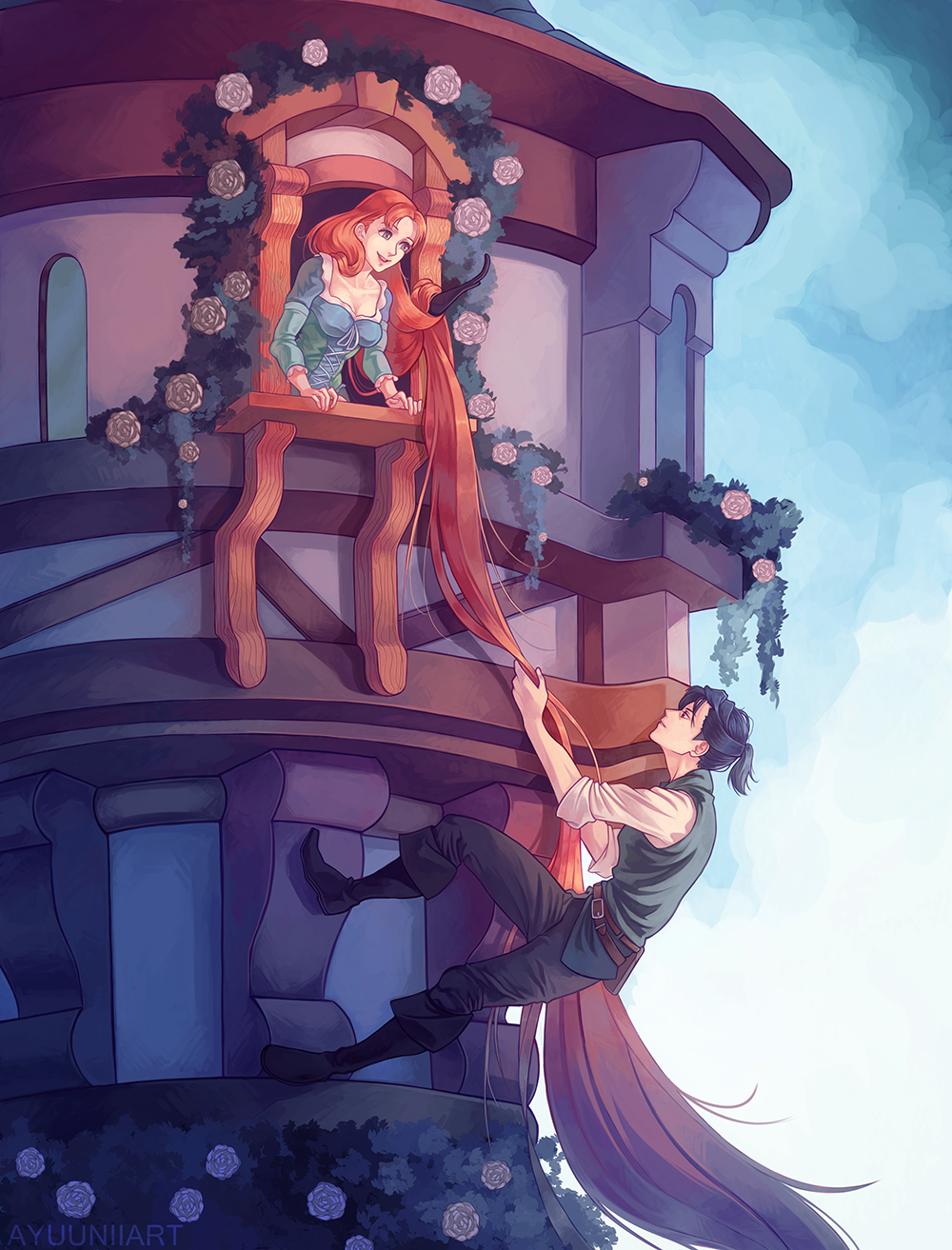 1boy 1girl absurdly_long_hair annette_fantine_dominic artist_name ayuuniiart bad_id bad_twitter_id climbing commentary cosplay disney dress english_commentary felix_hugo_fraldarius fire_emblem fire_emblem:_three_houses flynn_rider flynn_rider_(cosplay) highres long_hair nintendo rapunzel_(disney) rapunzel_(disney)_(cosplay) tangled tower very_long_hair