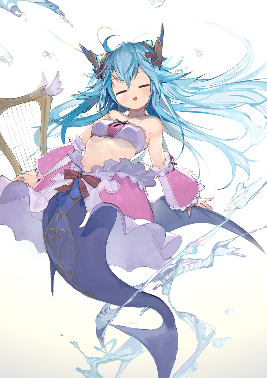 1girl =_= bare_shoulders blue_hair breasts emil_chronicle_online frills harp highres horns instrument long_hair lorelei_lore medium_breasts mermaid mizopost monster_girl open_mouth splatter