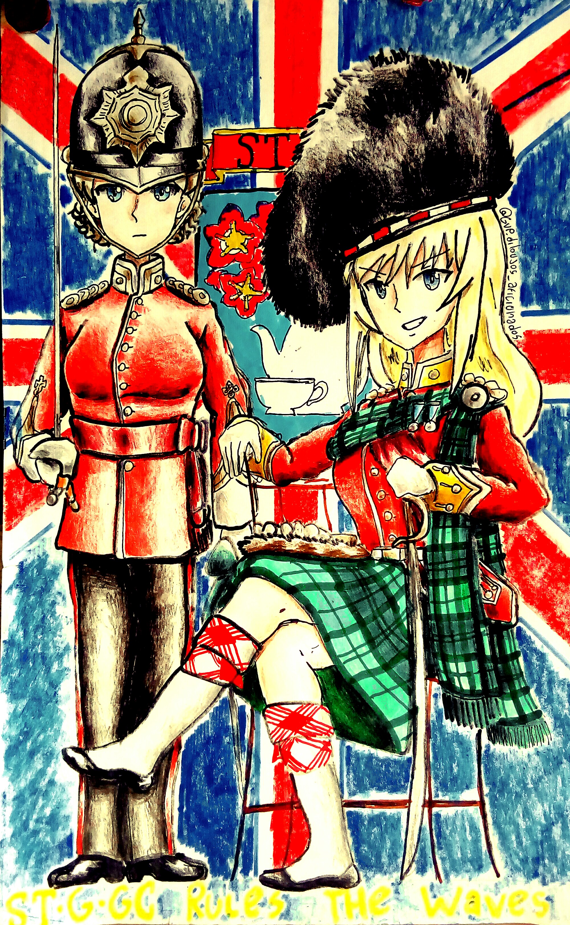 2girls absurdres blonde_hair blue_eyes braid cavalry_sword darjeeling_(girls_und_panzer) earl_grey_(girls_und_panzer) girls_und_panzer highres jacket long_hair multiple_girls red_jacket shaman_garupan union_jack united_kingdom