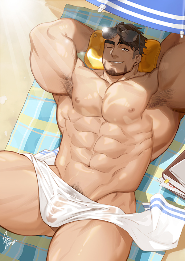 1boy abs armpit_hair armpits artist_name bara black_hair day eyewear_on_head gomtang large_pectorals lying male_focus male_pubic_hair muscular muscular_male naked_towel navel nipples nude on_back one_eye_closed original outdoors pectorals pubic_hair short_hair smile solo sunglasses towel